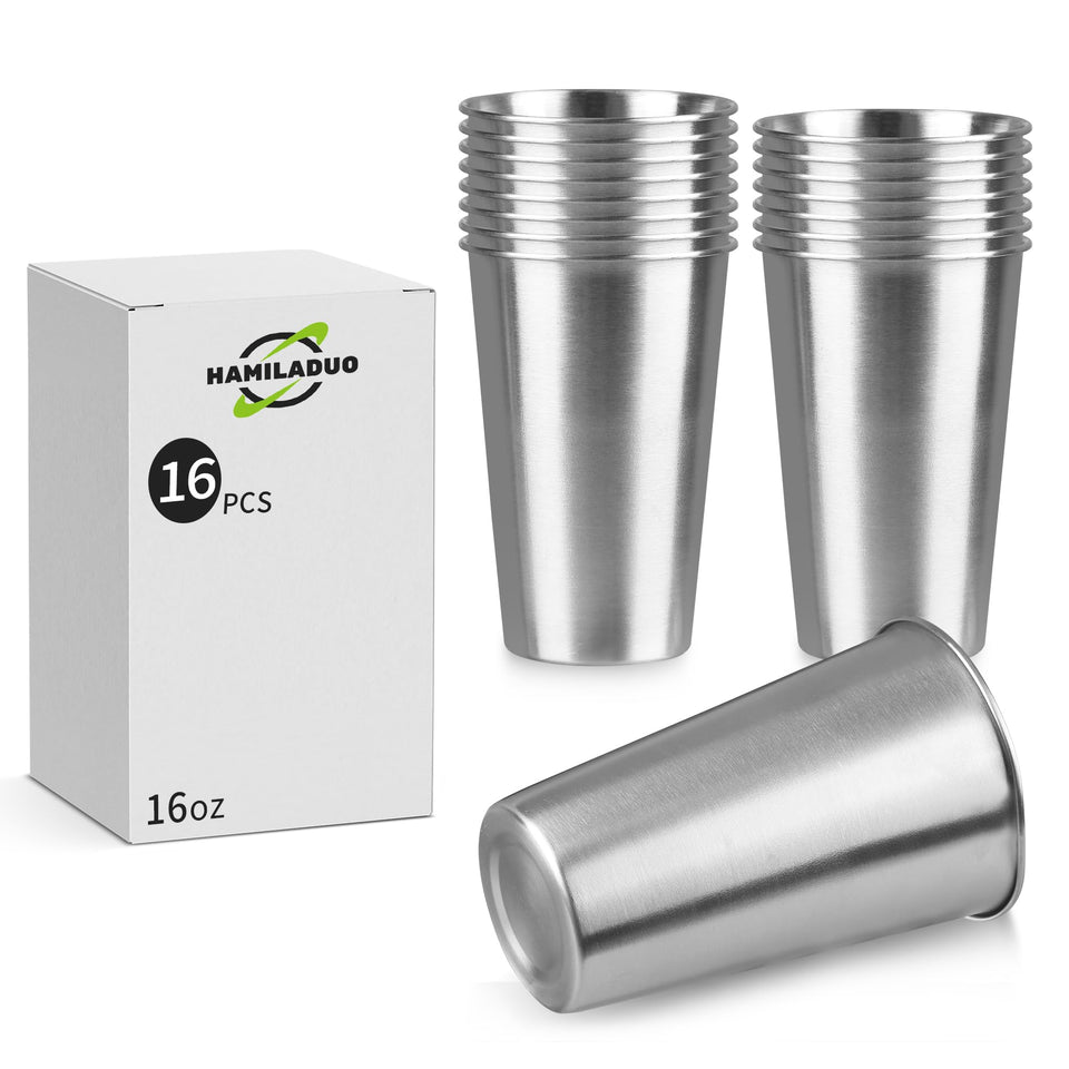 HAMILADUO 16-pack stackable pint cups for indoor and outdoor use.