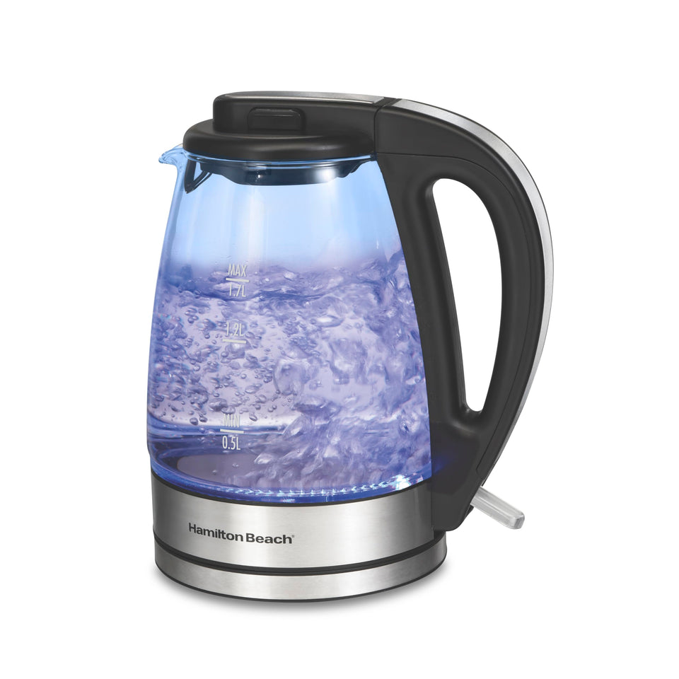 Hamilton Beach 1.7L glass kettle boils quickly with transparent interior.