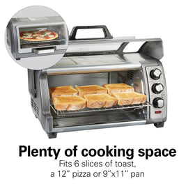 Hamilton Beach oven baking a 12-inch pizza evenly inside the cavity