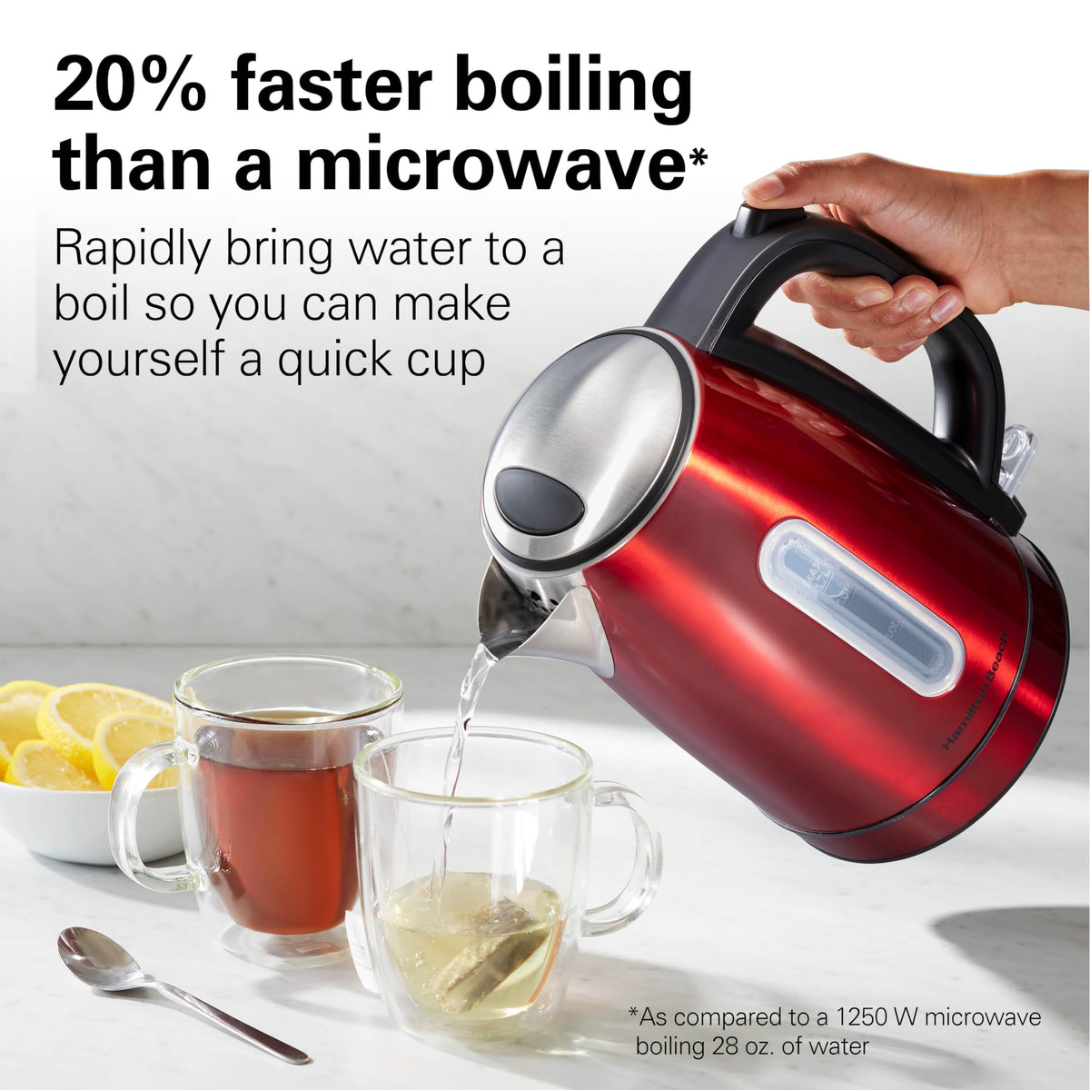 Hamilton Beach 1500W fast-boil performance saves time in busy mornings.
