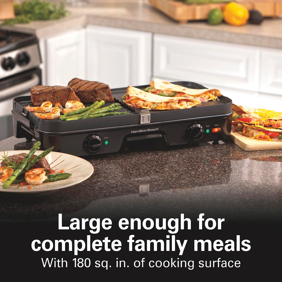 Large 180 sq in surface fits family meals on Hamilton Beach grill