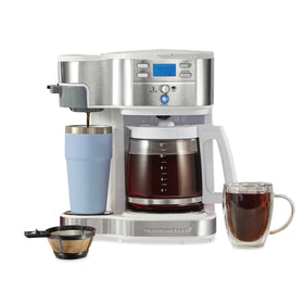 Hamilton Beach 2-Way Brew System showing dual brewing options for quick cups or full pots.