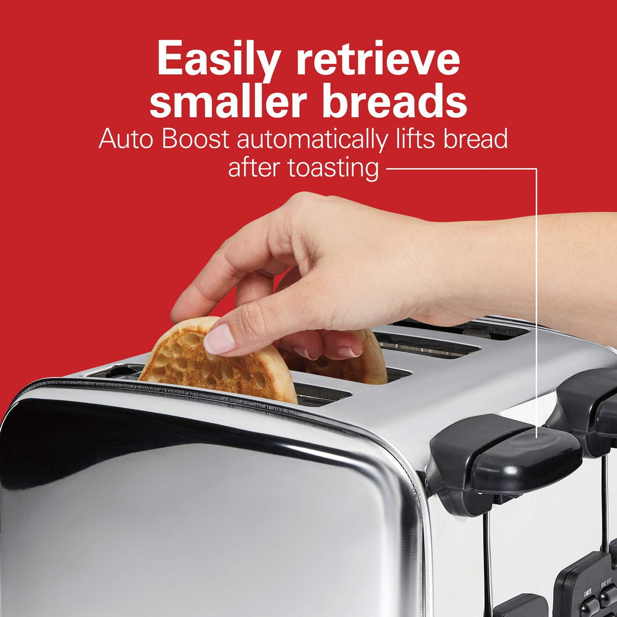Hamilton Beach 24782 auto boost lifts smaller breads for easy retrieval.