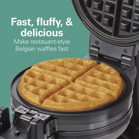 Hamilton Beach waffle iron in action with double flip for two waffles at once
