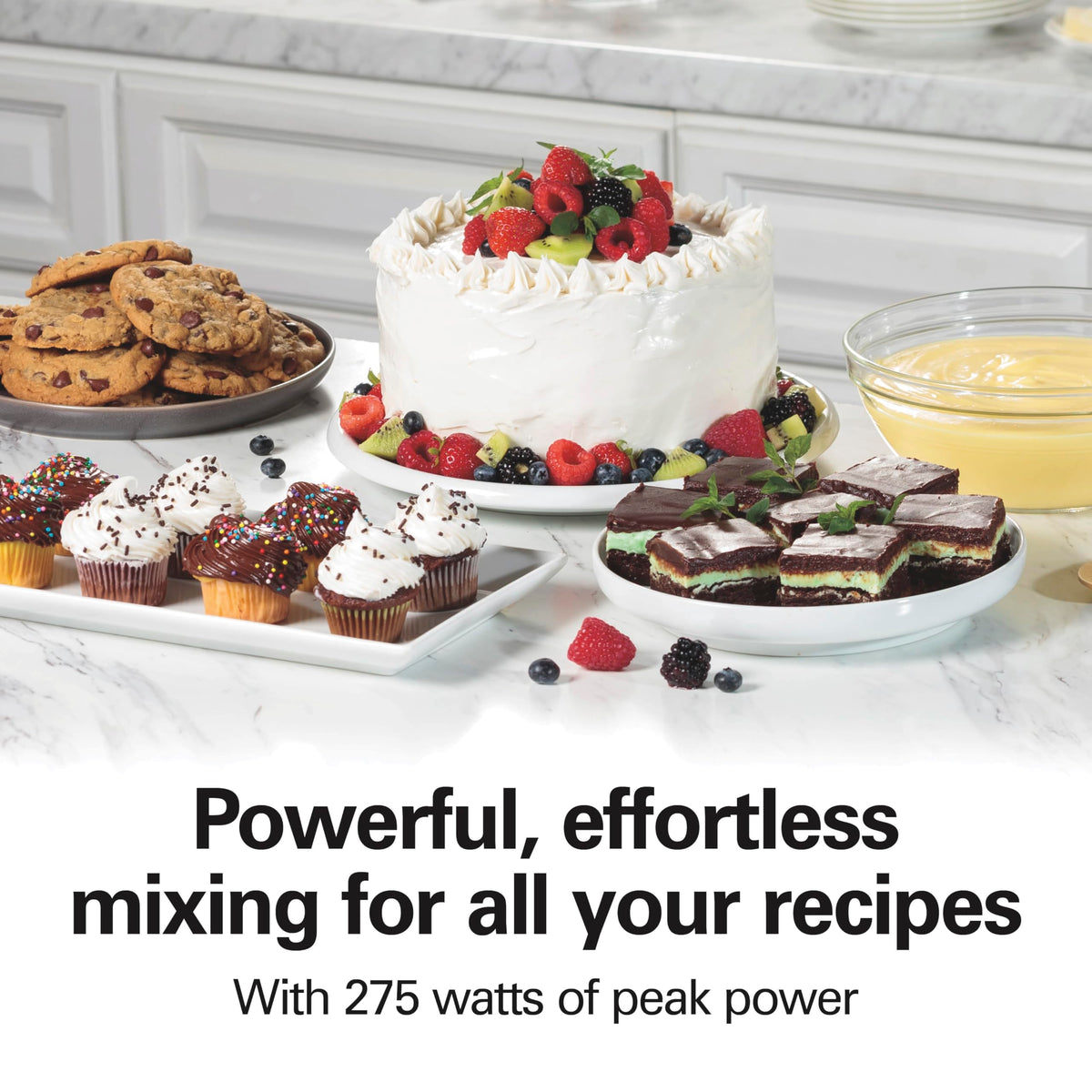 Hamilton Beach 275-watt motor provides powerful, effortless mixing for thick batters.