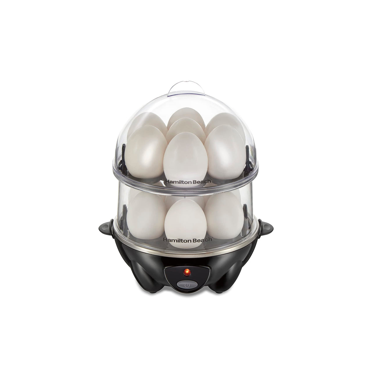 Hamilton Beach 3-in-1 egg cooker with 14 hard-boiled eggs ready for meal prep.