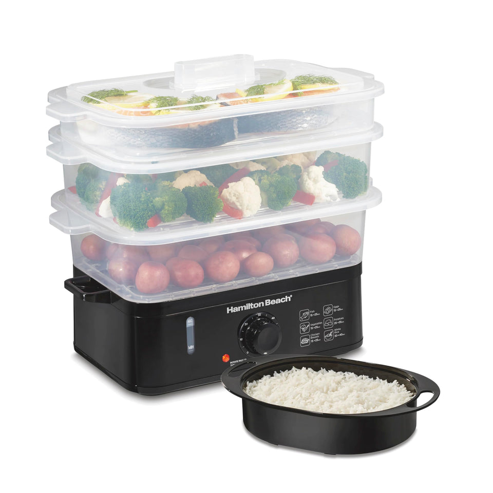 Hamilton Beach 3 tier steamer bowls stacked for efficient family meals