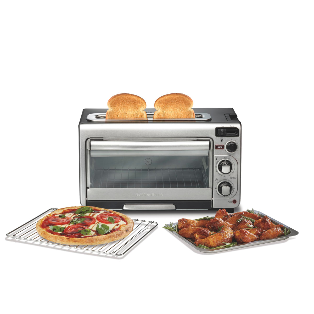 Hamilton Beach 31156 toaster oven front view shows compact design for small kitchens and busy mornings.