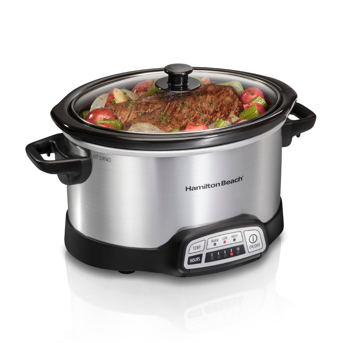 Hamilton Beach 33443 slow cooker front view shows family-size capacity