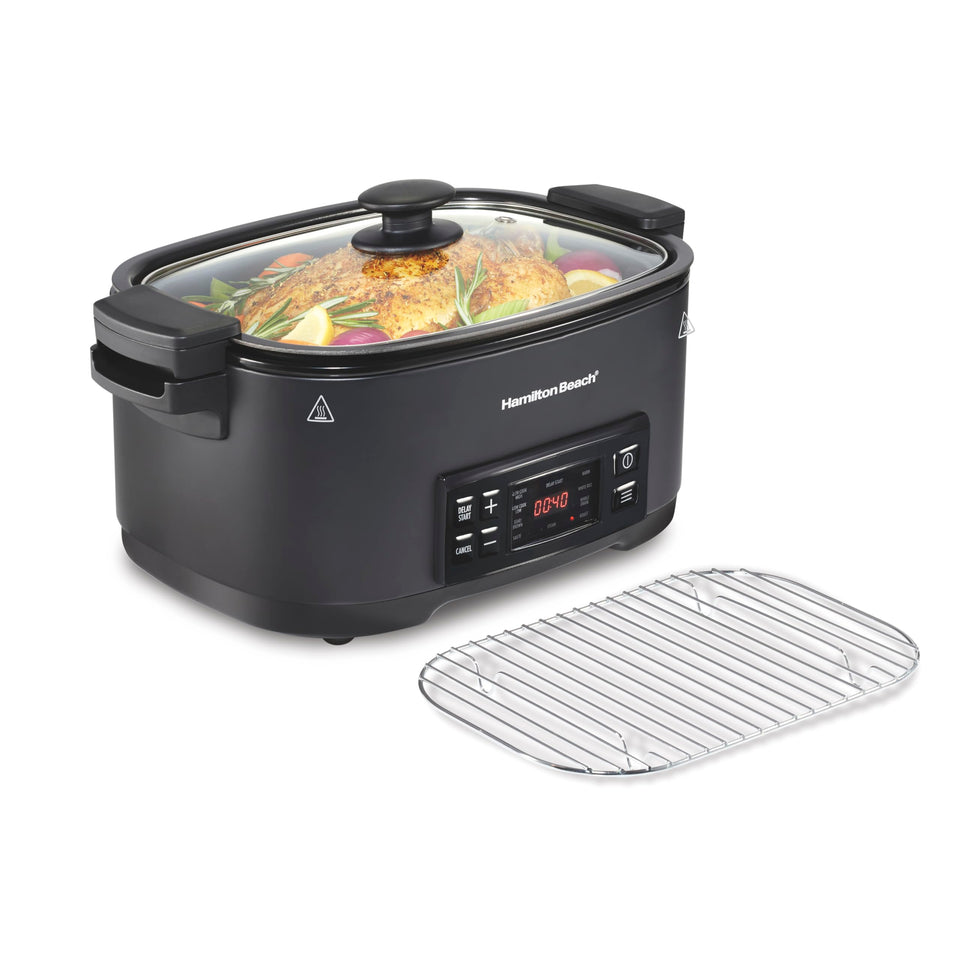 Hamilton Beach 33604 slow cooker front view with easy controls for flexible meals.