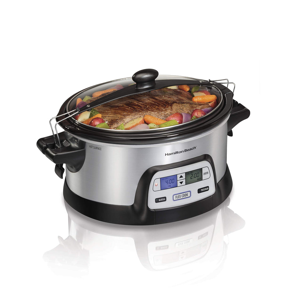 Hamilton Beach 33861 FlexCook dual timer shows two heat settings for flexible meals