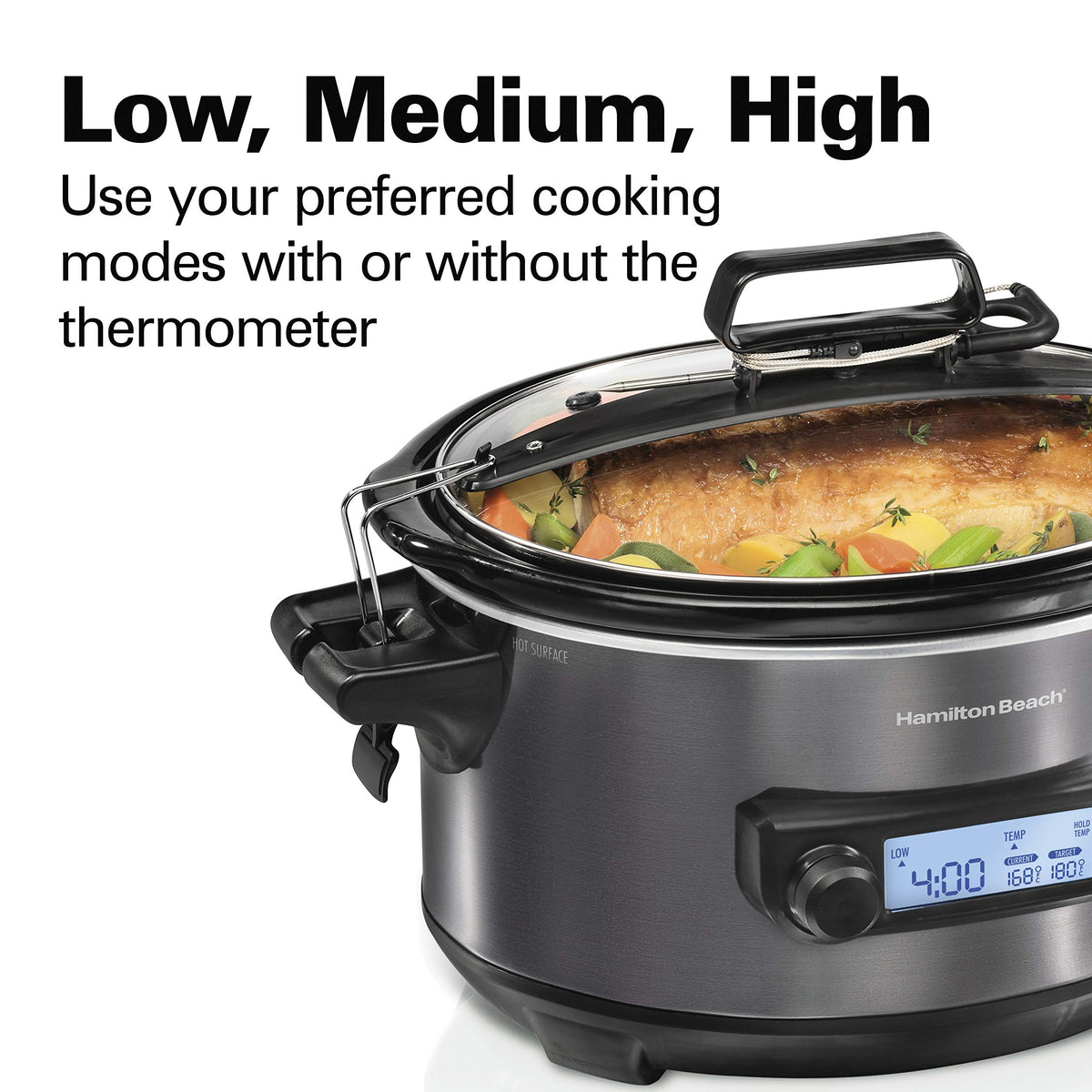 Hamilton Beach 33866 six-pound chicken fits perfectly in the 6-quart pot.