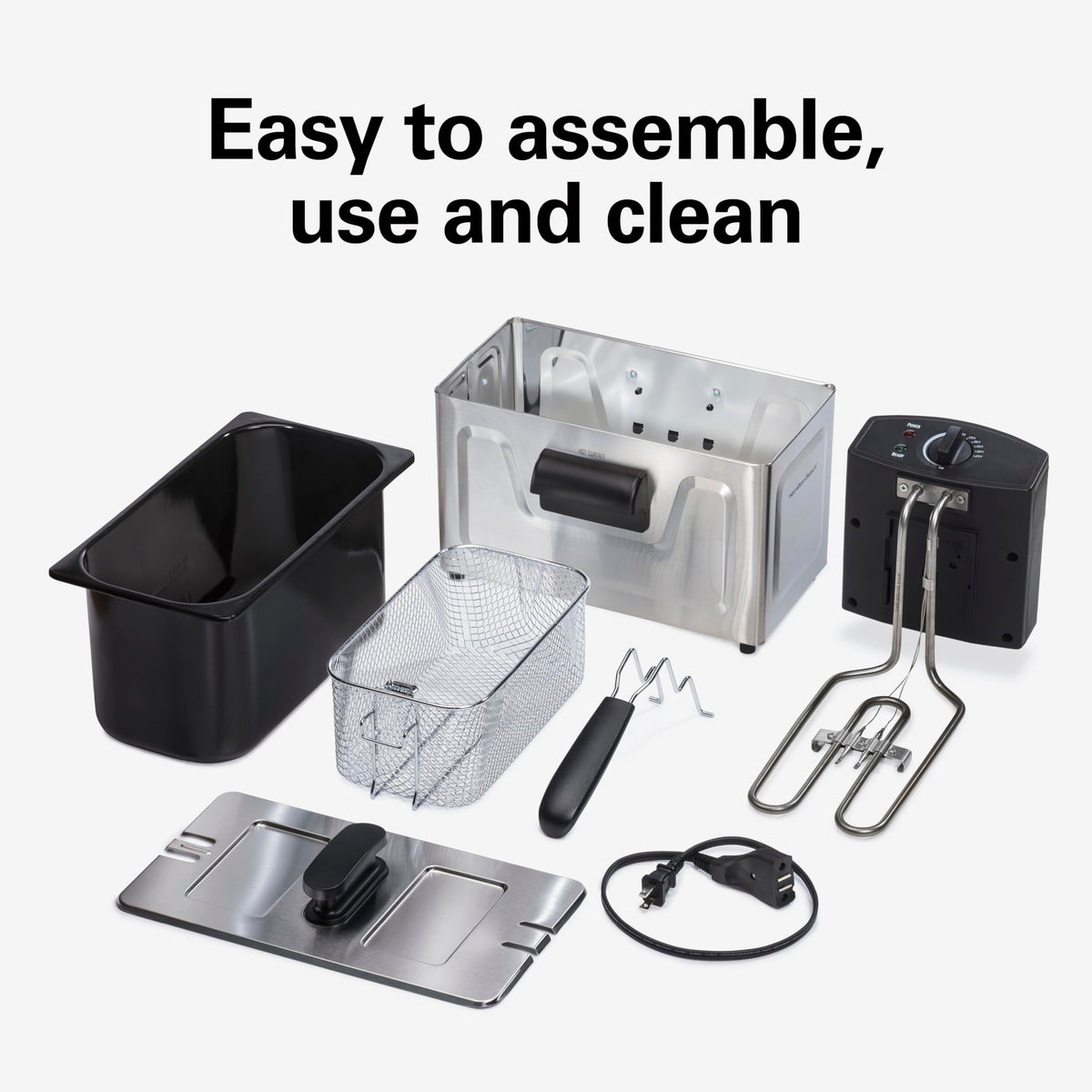 Hamilton Beach 35032 enamel-coated oil tank for easy cleaning.