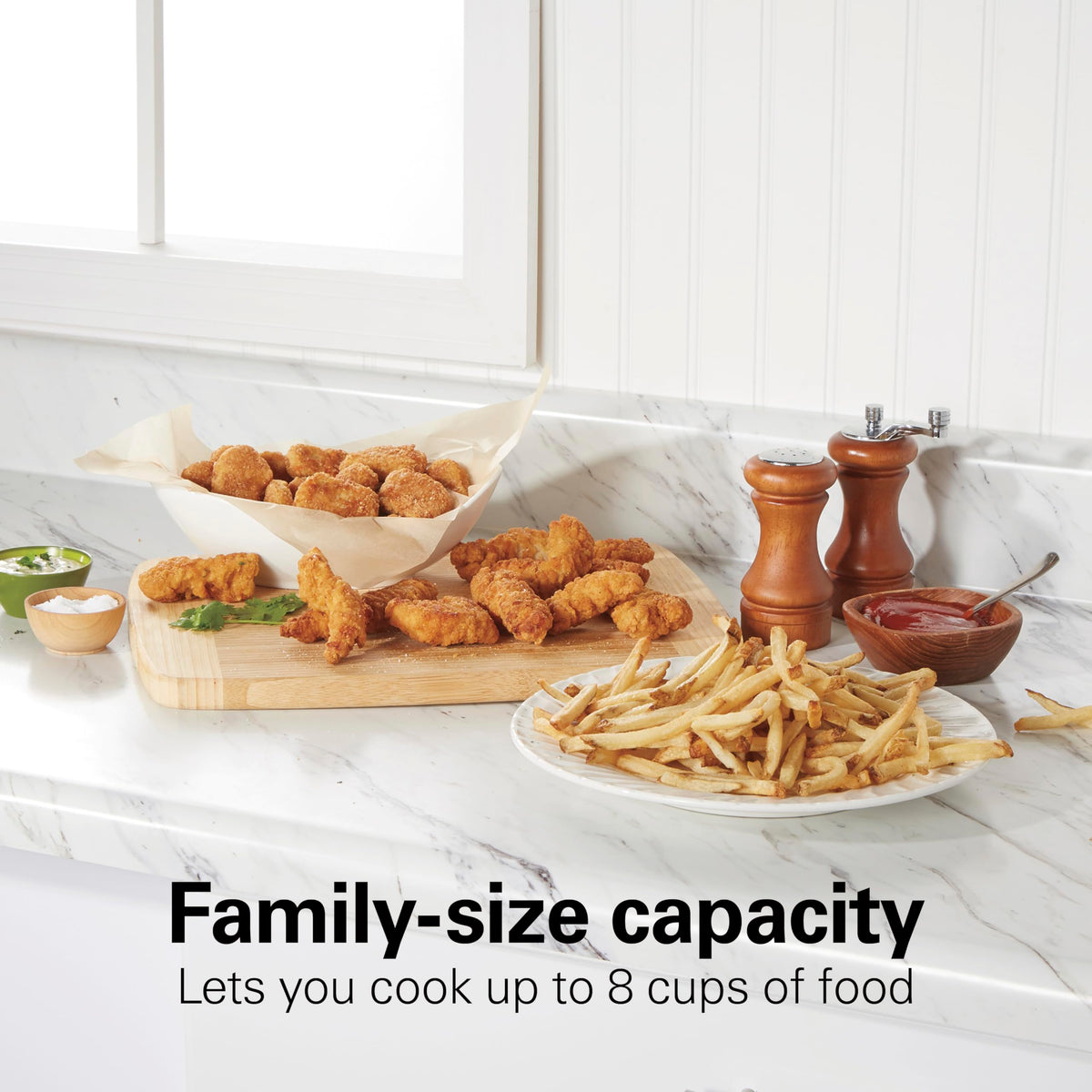 Hamilton Beach 35032 frying basket with hooks for mess-free draining.