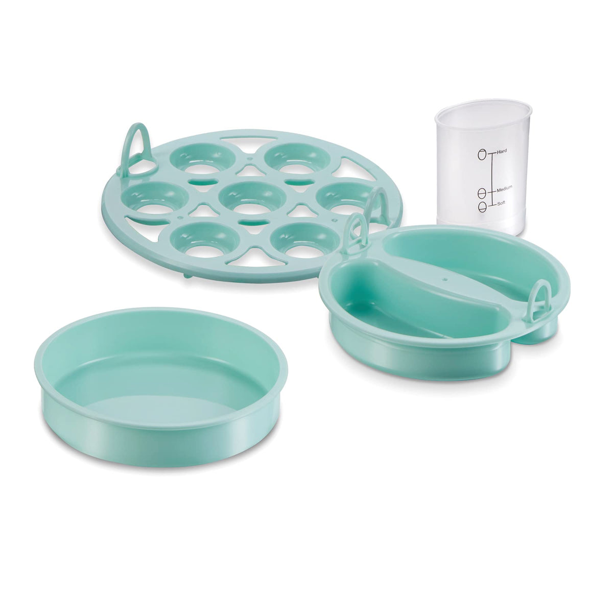 Mint-colored Hamilton Beach 3-in-1 egg cooker on kitchen counter
