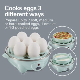 Hamilton Beach 3-in-1 egg cooker with water reservoir and controls in action
