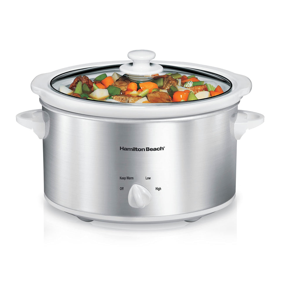 Hamilton Beach 4-quart slow cooker with stainless steel exterior, ideal for family meals.