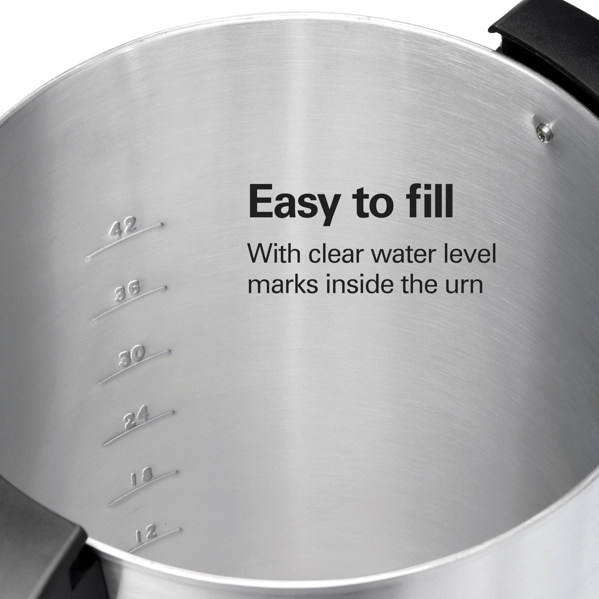 Hamilton Beach 45-cup urn with removable cord for compact storage.