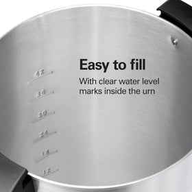 Hamilton Beach 45-cup urn with removable cord for compact storage.