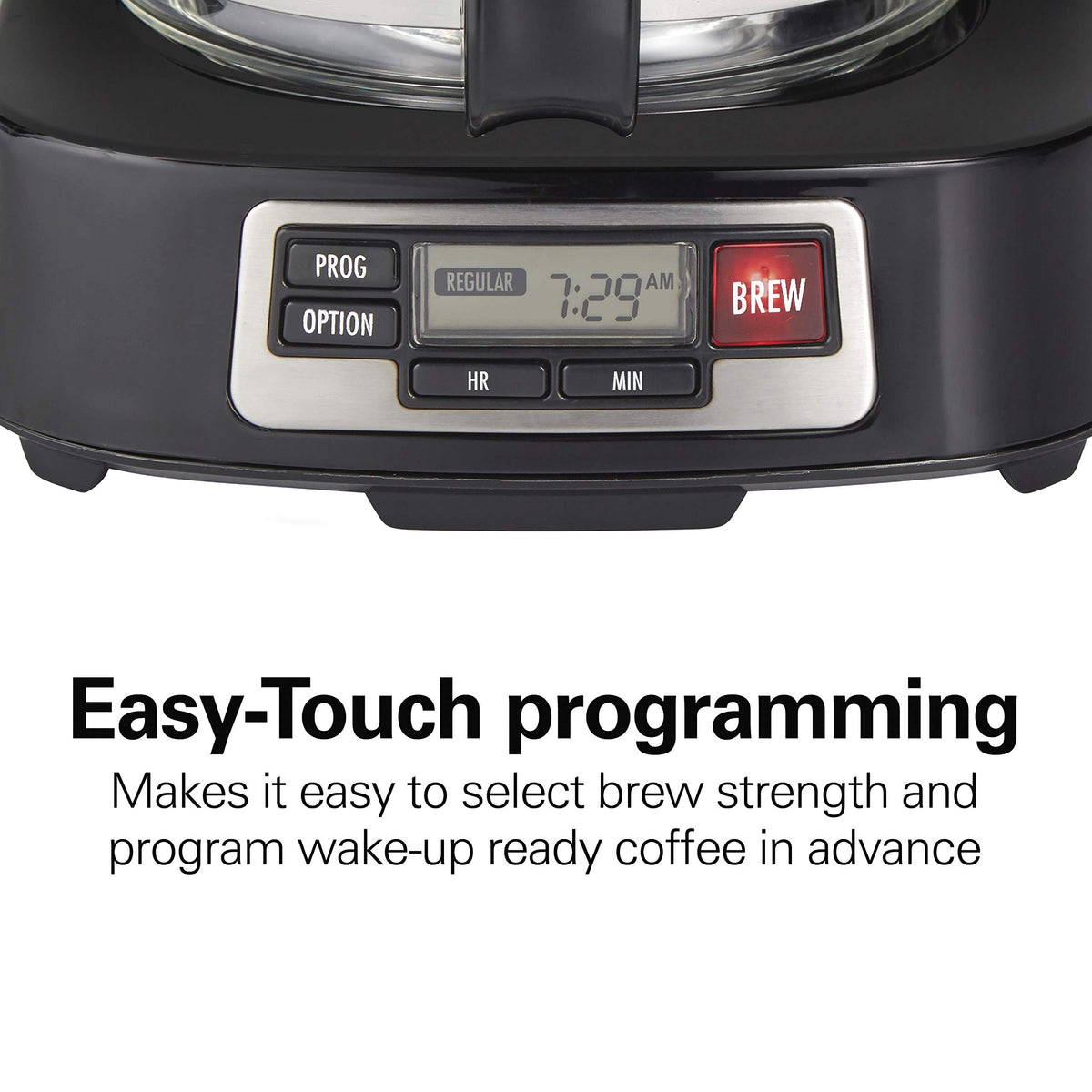 Hamilton Beach 46111 programmable clock for wake-up coffee on schedule.