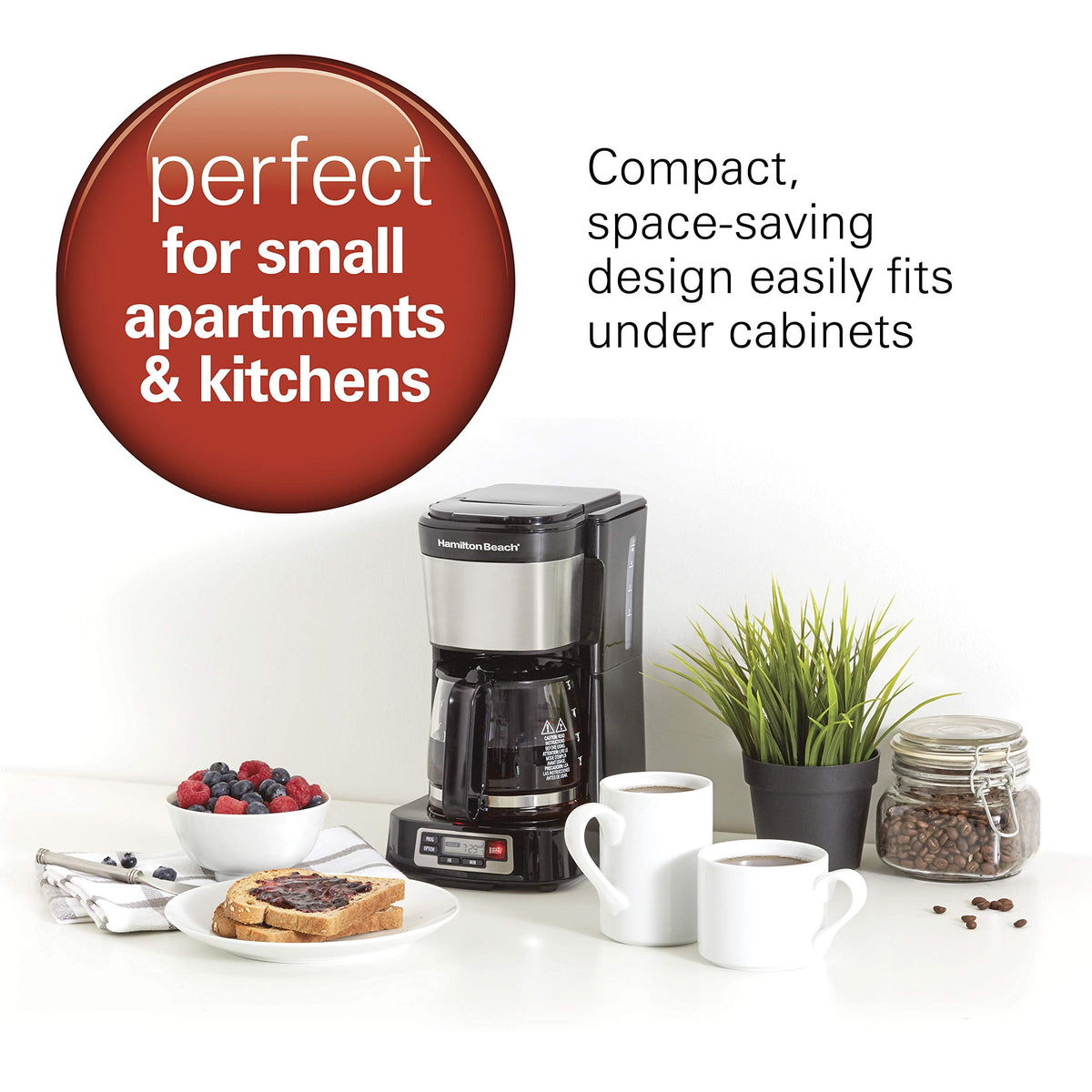Hamilton Beach 46111 swing-out brew basket for easy loading under cabinets.