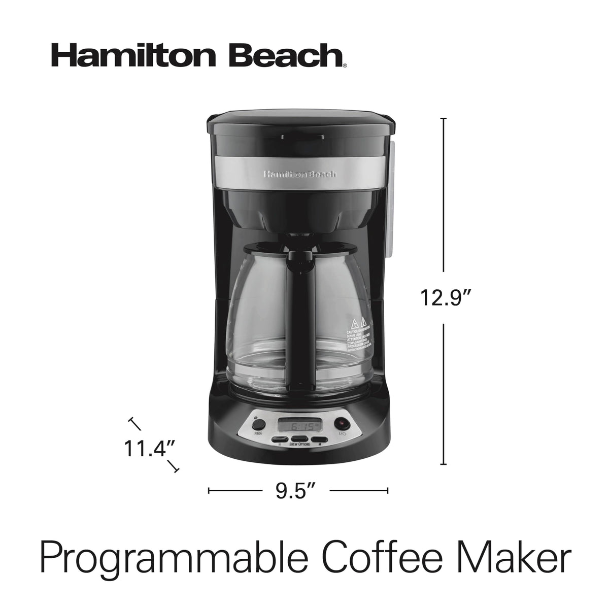 Sleek black with stainless accents on the Hamilton Beach coffee maker