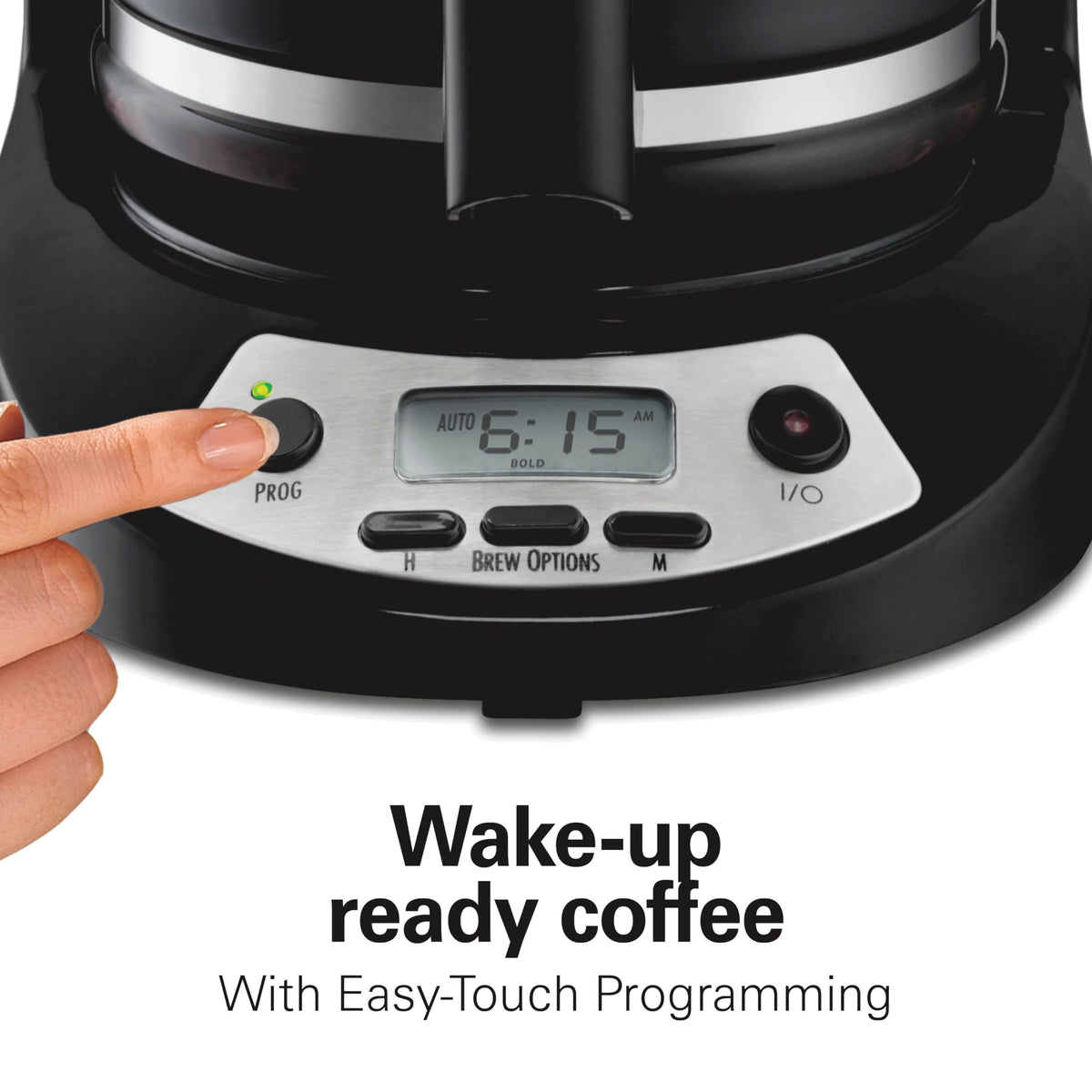 Close-up of the programmable panel on the Hamilton Beach coffee maker