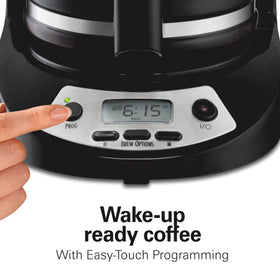 Close-up of the programmable panel on the Hamilton Beach coffee maker