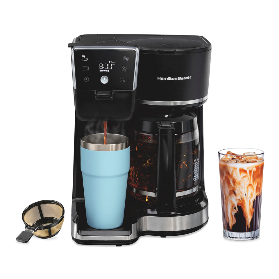 Hamilton Beach 47500J front view shows two-brew options for single serve or full carafe