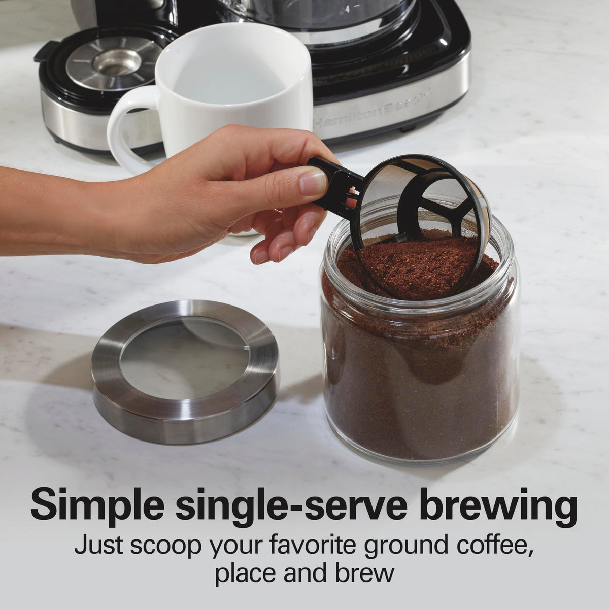 Hamilton Beach 49980RG carafe-side panel demonstrates large capacity for mornings