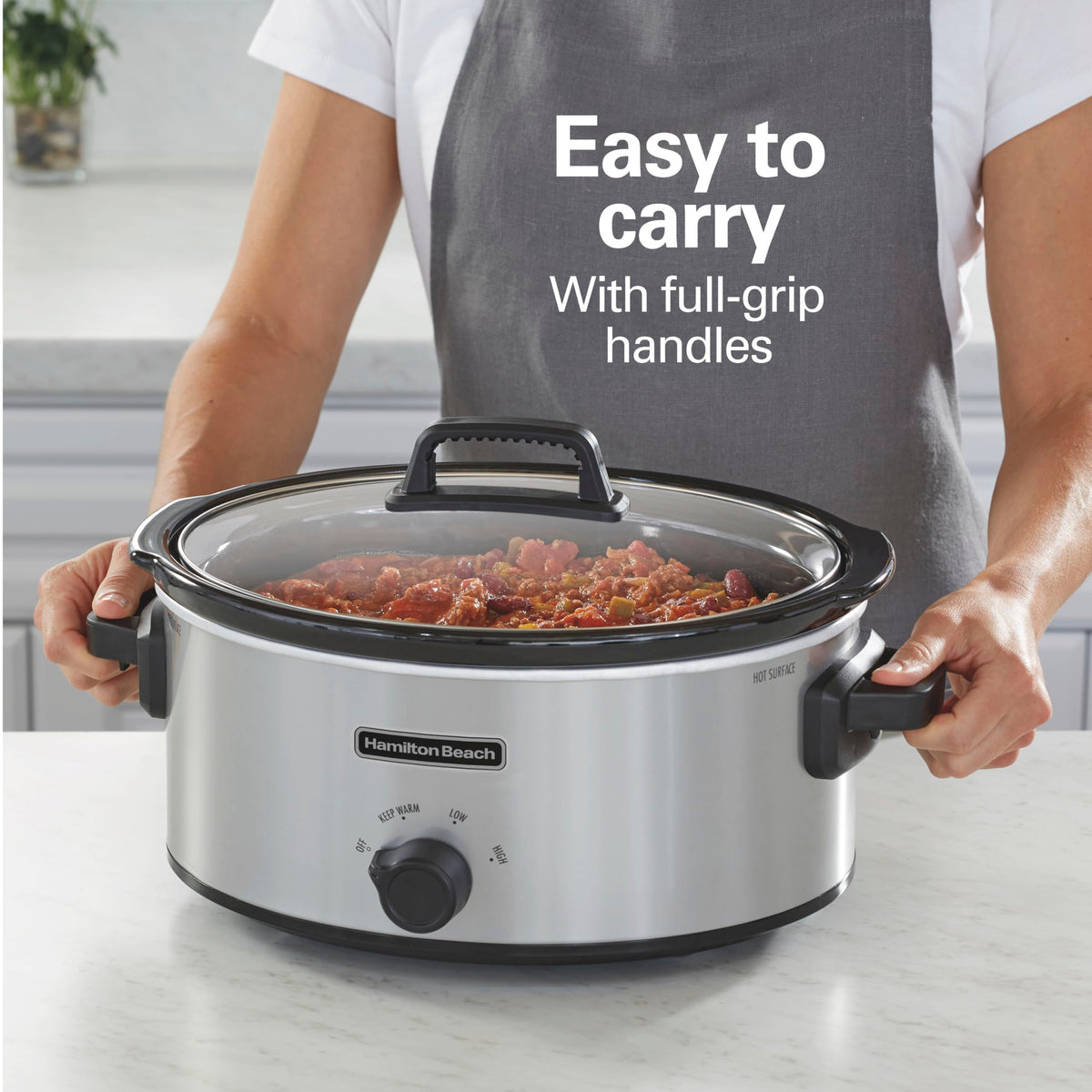 Hamilton Beach slow cooker glass lid with view of simmering stew