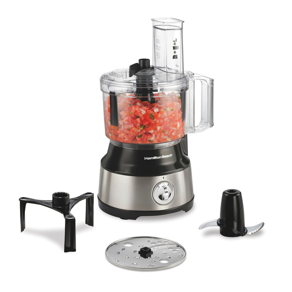 Hamilton Beach 70730 bowl scraper in action, keeps ingredients near blades for even processing.