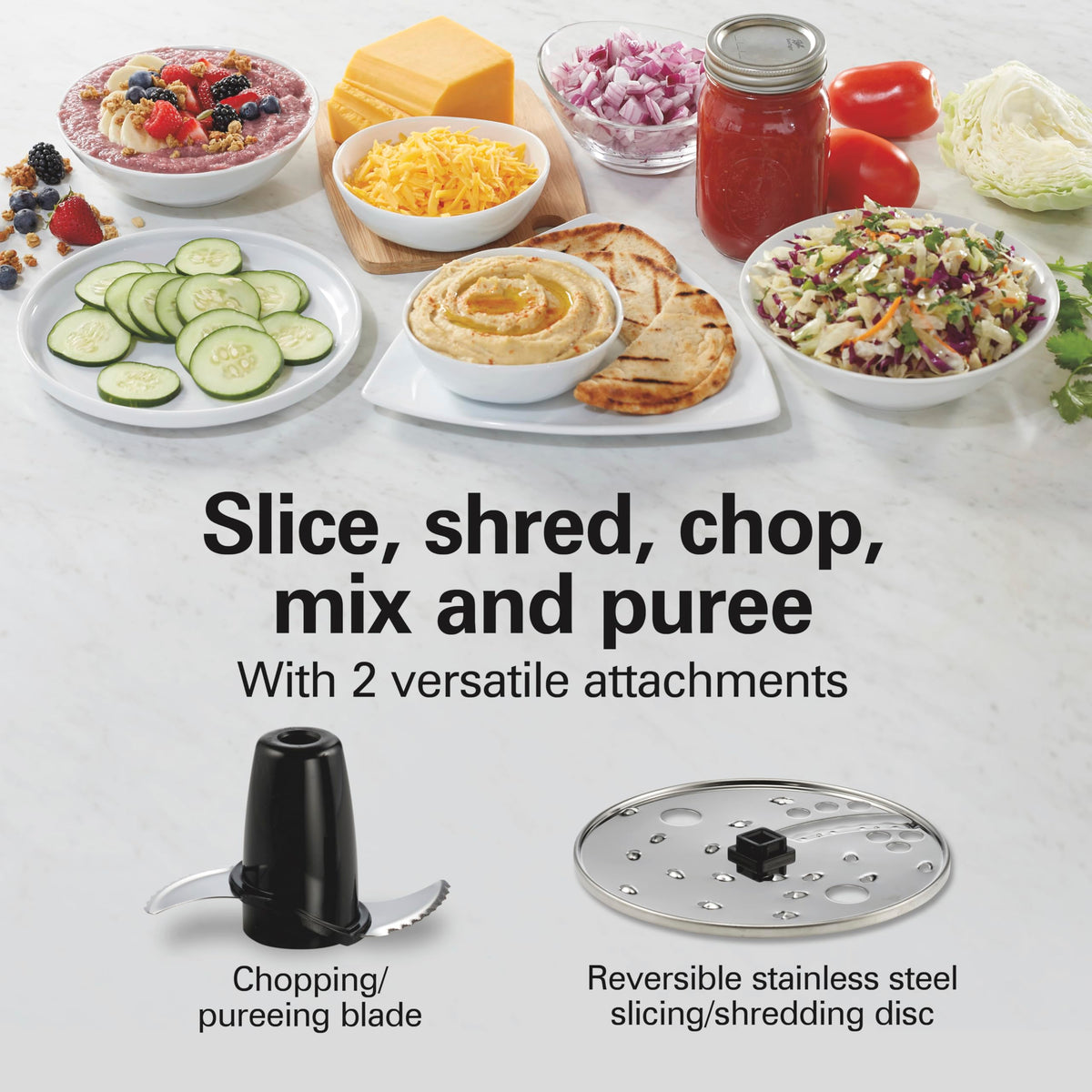Hamilton Beach 70730 shredding-disc evenly shredding cheese and vegetables.