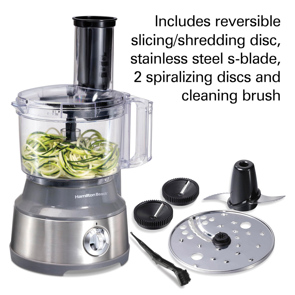 Hamilton Beach 70735 2.5-inch feed chute fits whole zucchini for quick prep.