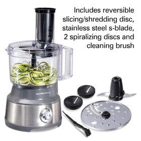 Hamilton Beach 70735 2.5-inch feed chute fits whole zucchini for quick prep.
