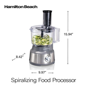 Hamilton Beach 70735 included attachments: spiral and ribbon blades, discs, and pusher.