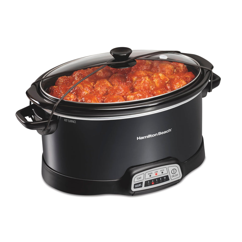 Hamilton Beach 7-quart slow cooker on the counter showing large family meal capacity