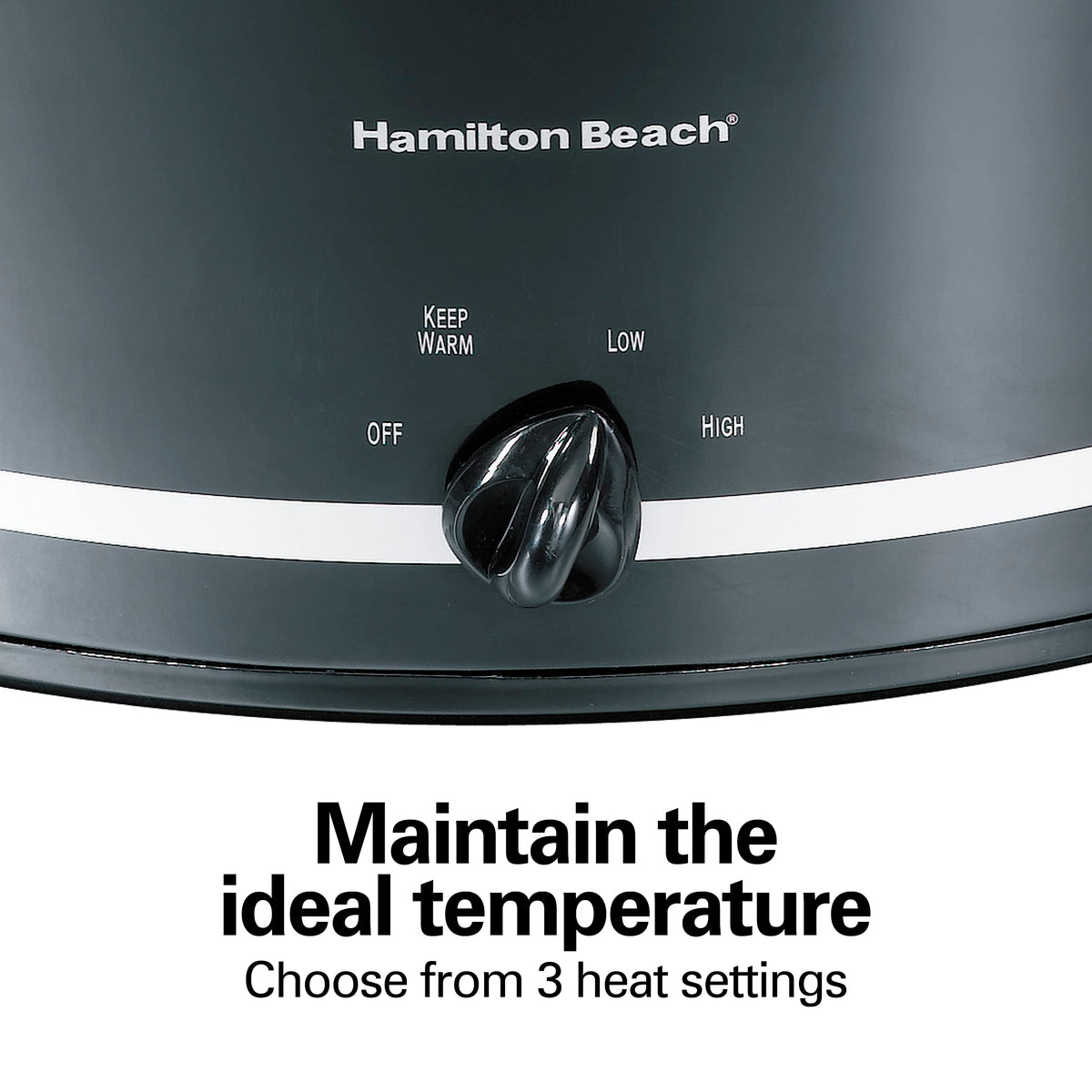 Hamilton Beach dial shows 3 heat settings for cooking flexibility.
