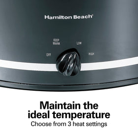 Hamilton Beach dial shows 3 heat settings for cooking flexibility.