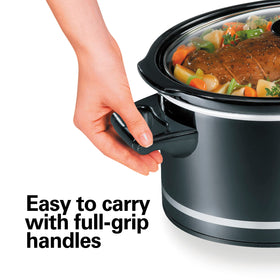 Hamilton Beach slow cooker with full-grip handles for easy transport to table.