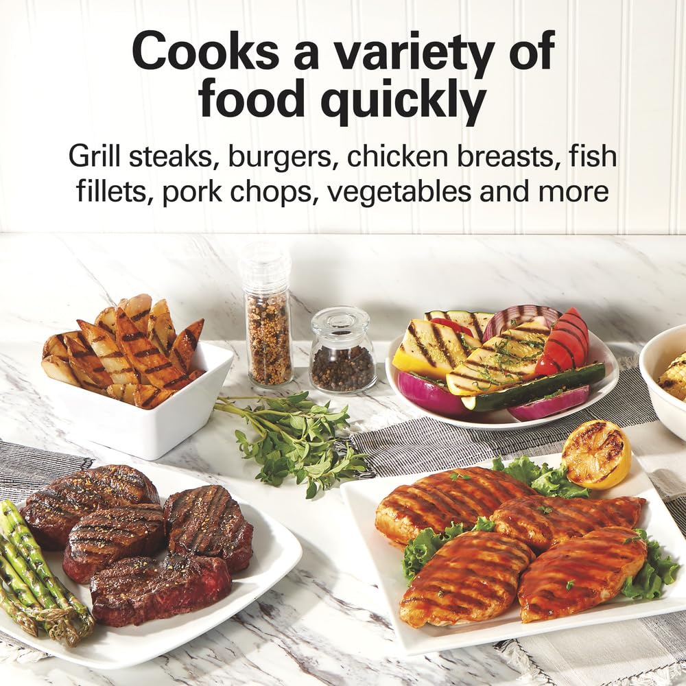 Hamilton Beach 90 sq in nonstick surface sears burgers evenly and cleans easily.