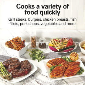 Hamilton Beach 90 sq in nonstick surface sears burgers evenly and cleans easily.