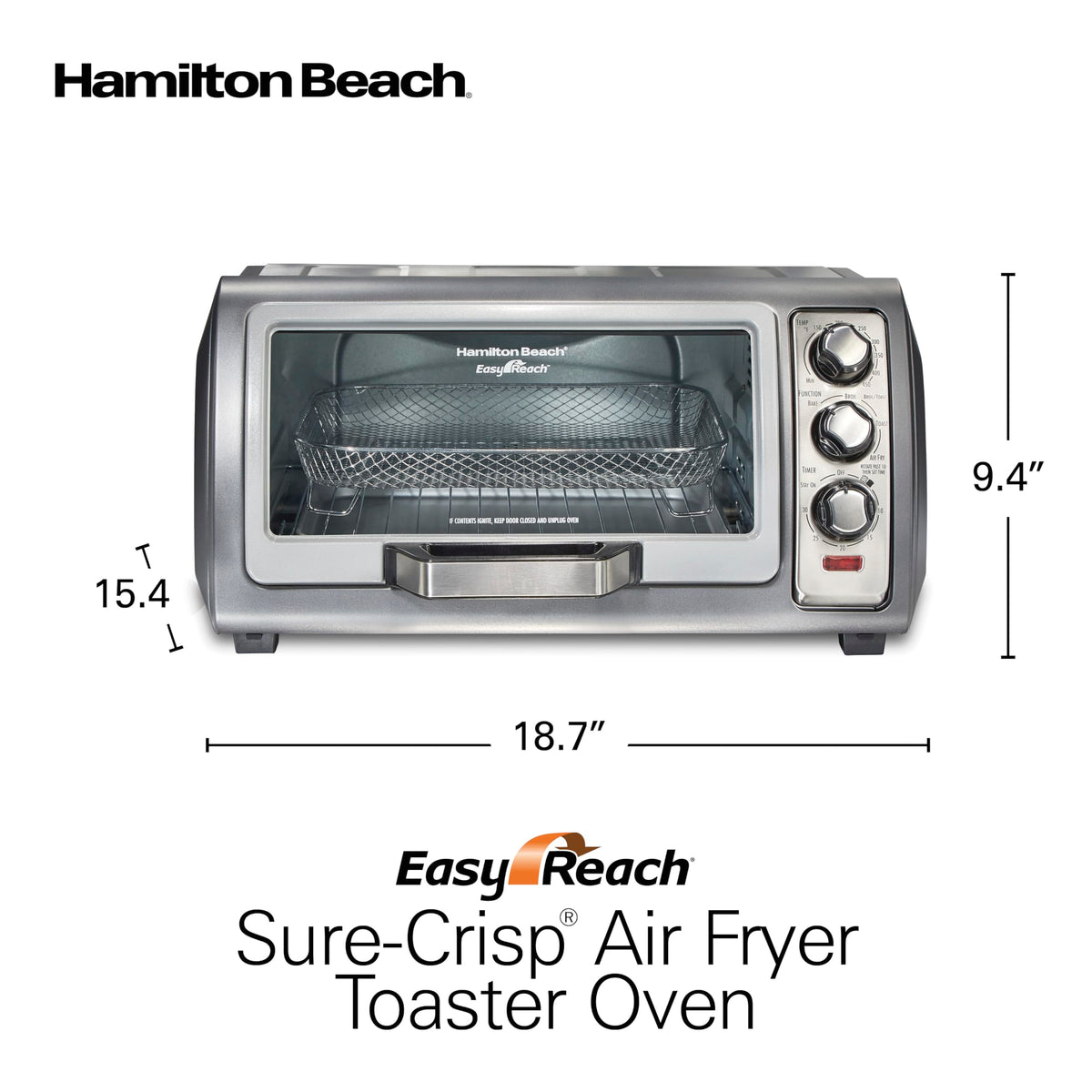 Hamilton Beach accessories include mesh basket, bake pan, broil rack, crumb tray