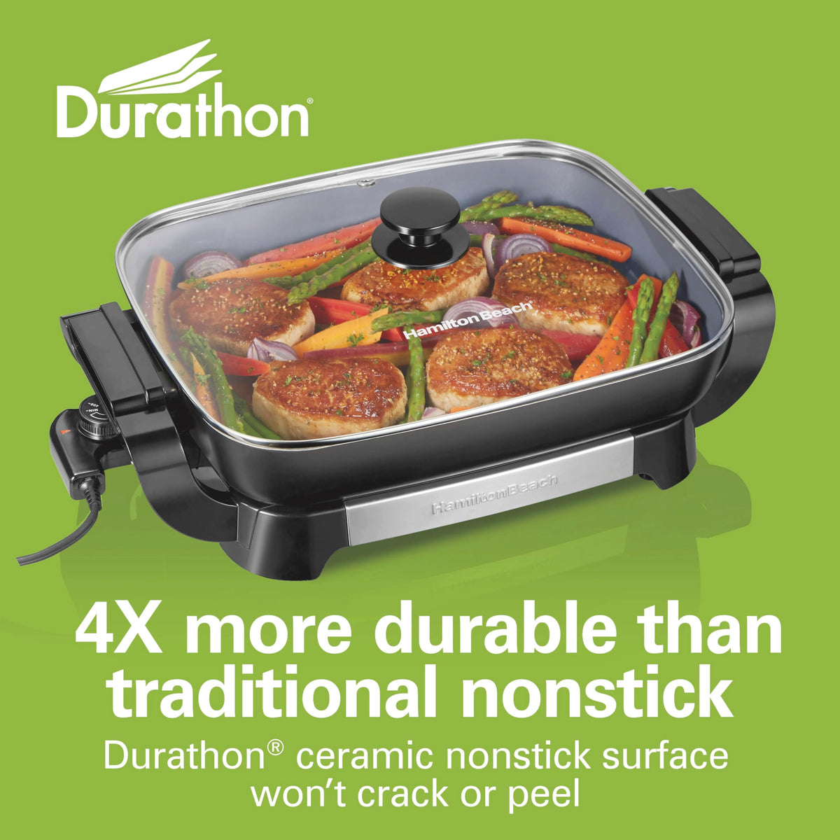 Hamilton Beach adjustable heat 200-400°F for versatile cooking options.