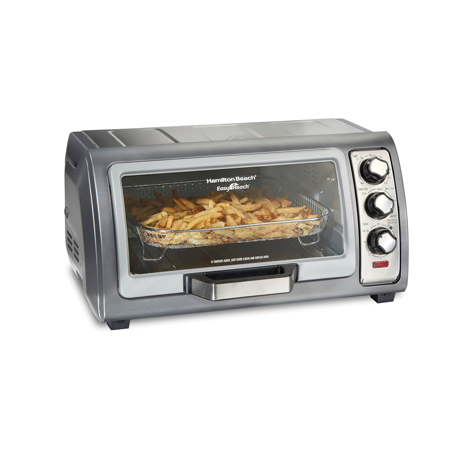 Hamilton Beach air fryer toaster oven front view with roomy interior for six slices