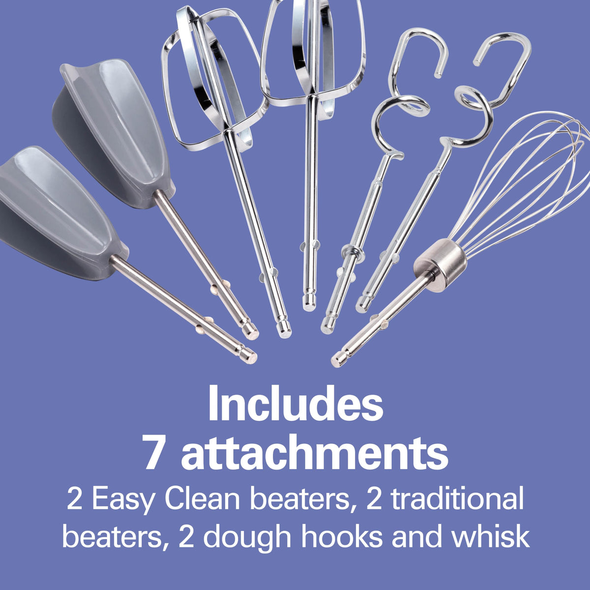 Hamilton Beach attachments including dough hooks and whisk for doughs and creams.