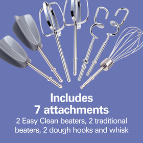 Hamilton Beach attachments including dough hooks and whisk for doughs and creams.