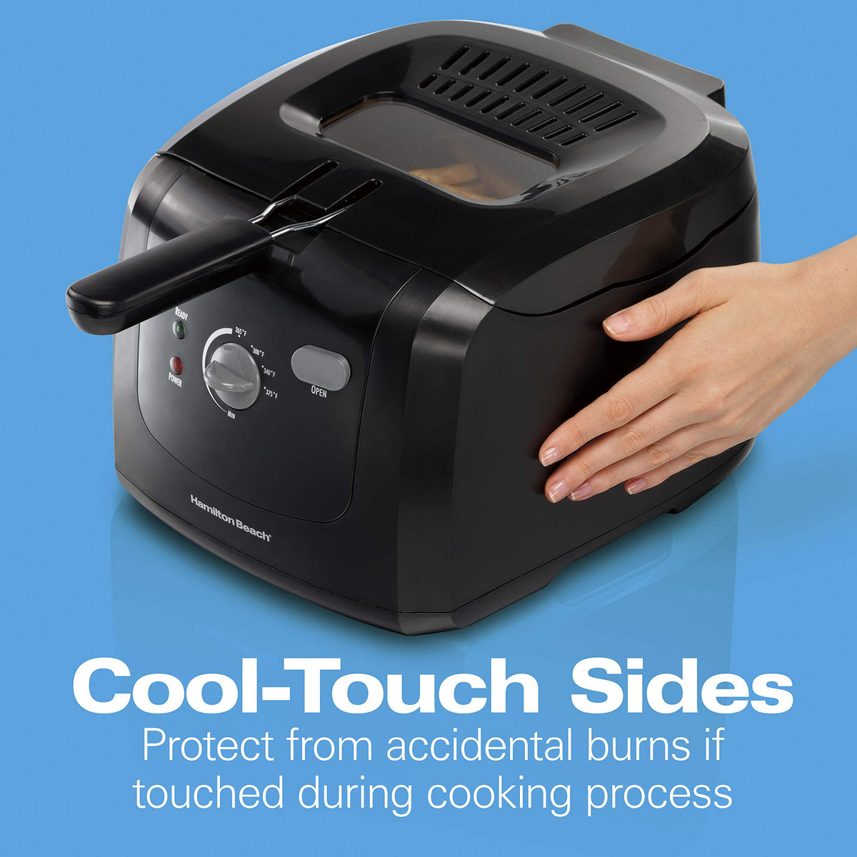 Hamilton Beach fryer basket and lid showing splatter-control during cooking