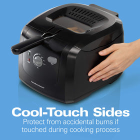 Hamilton Beach fryer basket and lid showing splatter-control during cooking