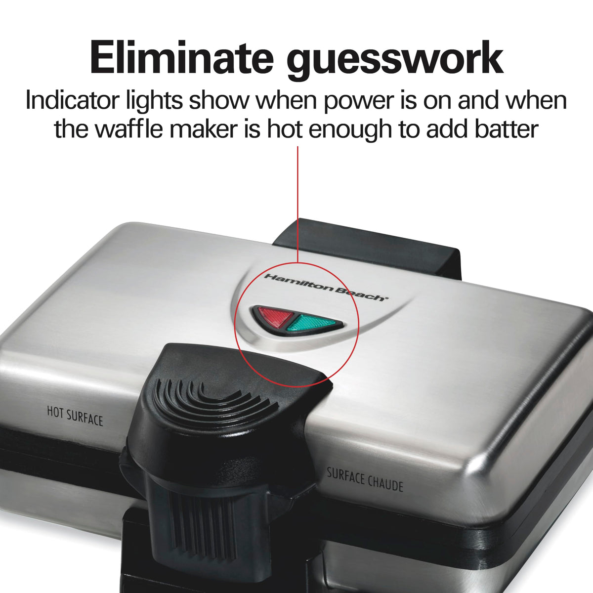 Stainless steel finish on Hamilton Beach waffle maker for durability